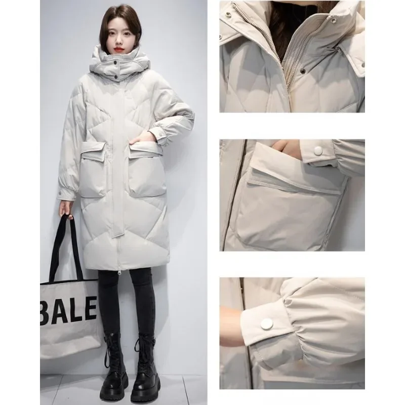 New Women Down Jacket Winter Coat Mid Length Version Parkas Loose Thick Warm Hooded Outwear Over The Knee Large Size Overcoat