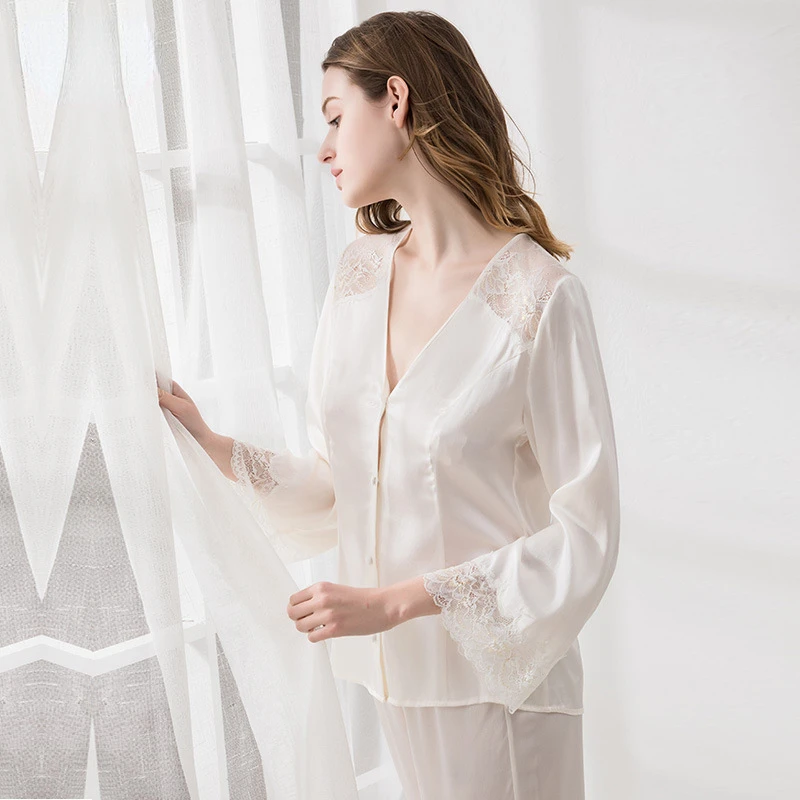 19mm Silk Pajamas Set Women Summer Sexy White Sleepwear 100% Silk Natrual Fabric High Quality Clothing Free Shipping