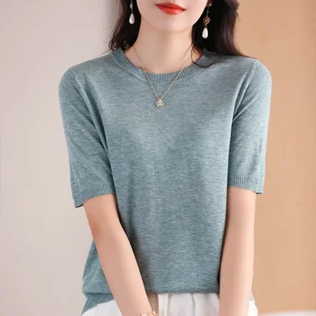 Ladies Round Neck Worsted Thin T-shirt 100% Pure Wool Knitted Short-Sleeve Base Shirts Summer High-End Sweater Simple Joker Tops 1