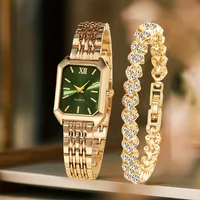 2PCS Fashion Rectangle Women Quartz Watch Rhinestone Bracelet Set Ladies Roma Dial Wristwatch Reloj Mujer Girls Clock Gift 4