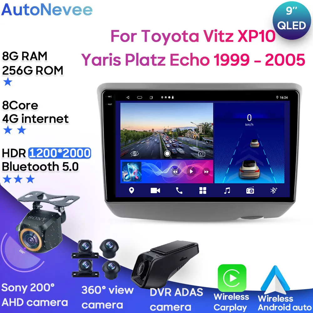 

Автомобильный стерео-радиоплеер Android 13 для Toyota Vitz XP10 Yaris Platz Echo 1999 - 2005 мультимедийный блок GPS BT Carplay Android Auto