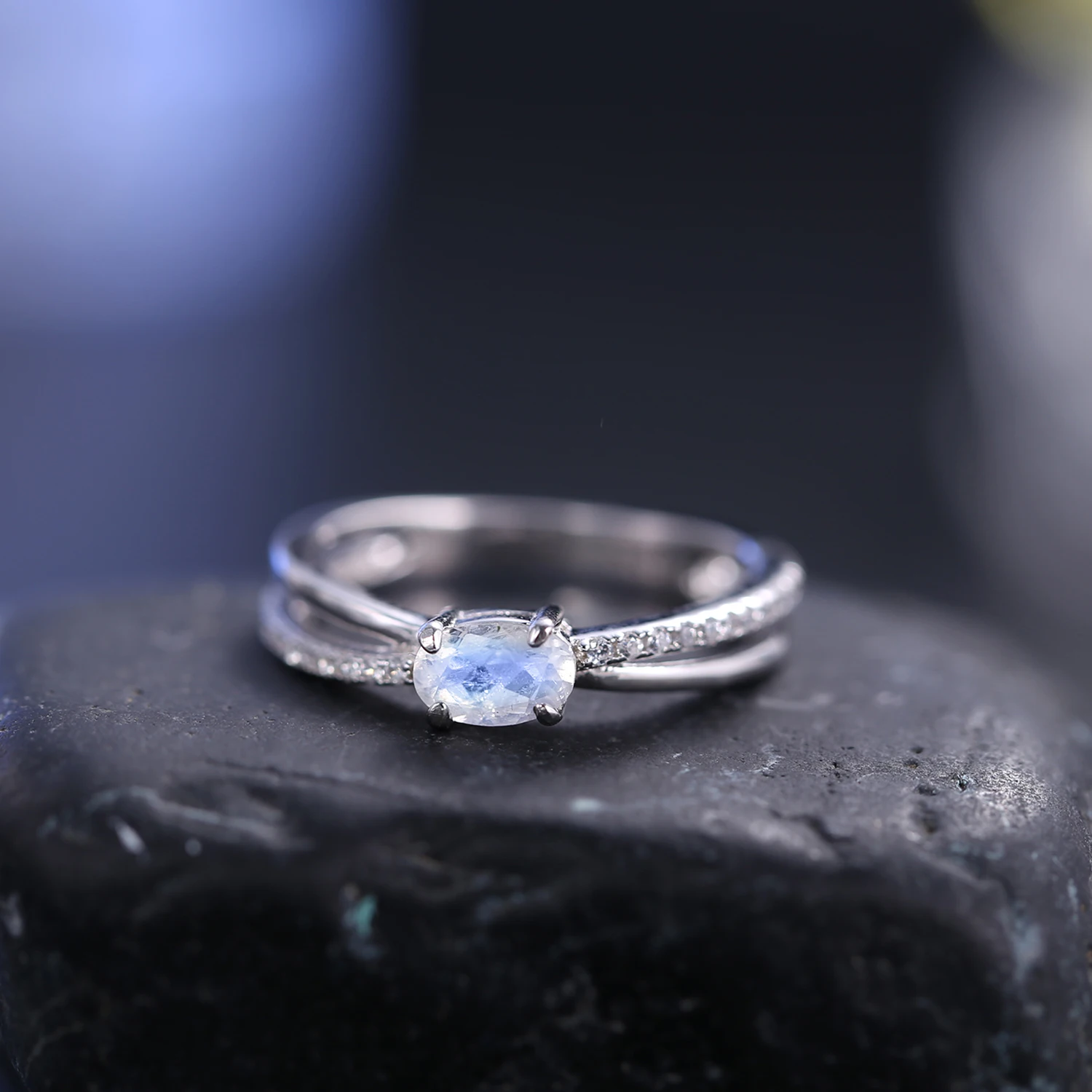 보석 발레 6 월 탄생석 925 스털링 실버 약속 신부 반지, 타원형 밀키 블루 월장석 약혼 반지 선물