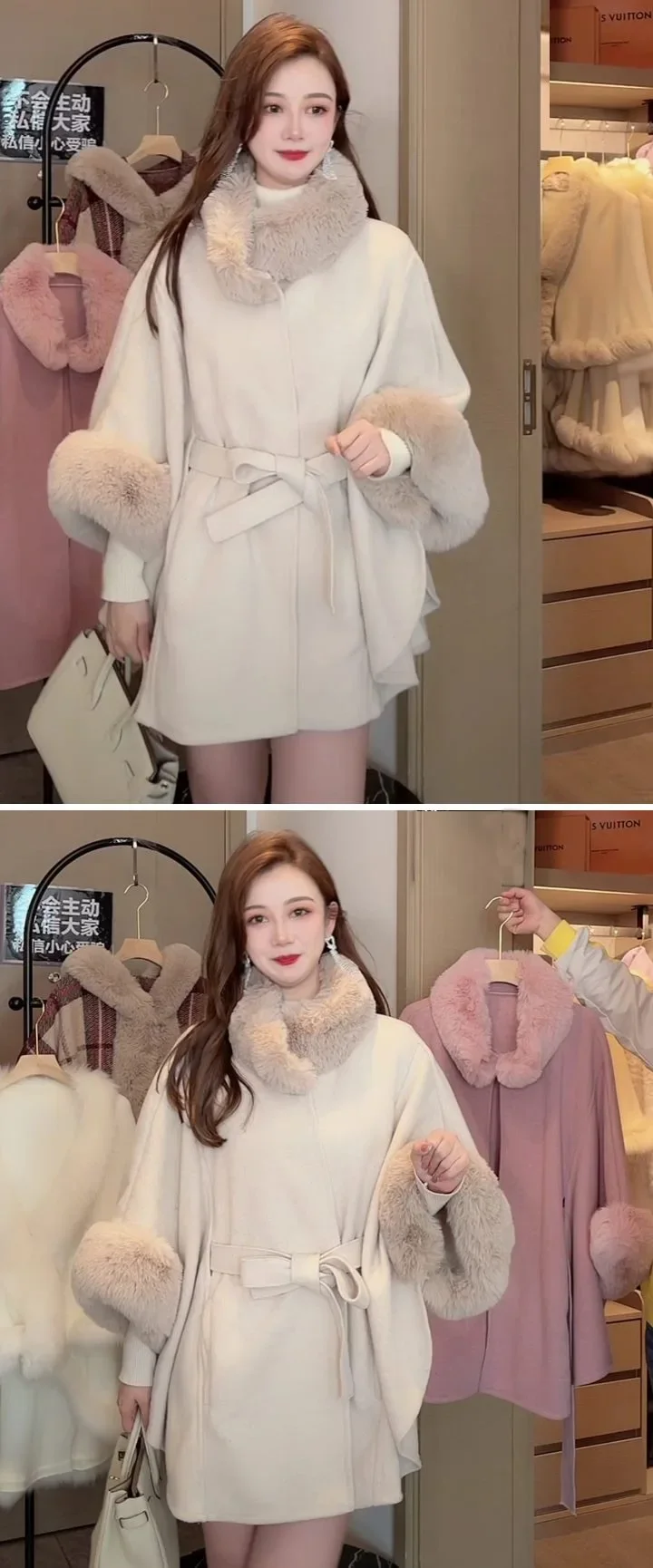 Description Picture 2 of item8 Colors Winter Streetwear Women Fake Woolen Big Pendulum Long Poncho Cloak Faux Rabbit Collar Fur Loose Oversize Coat With Belt