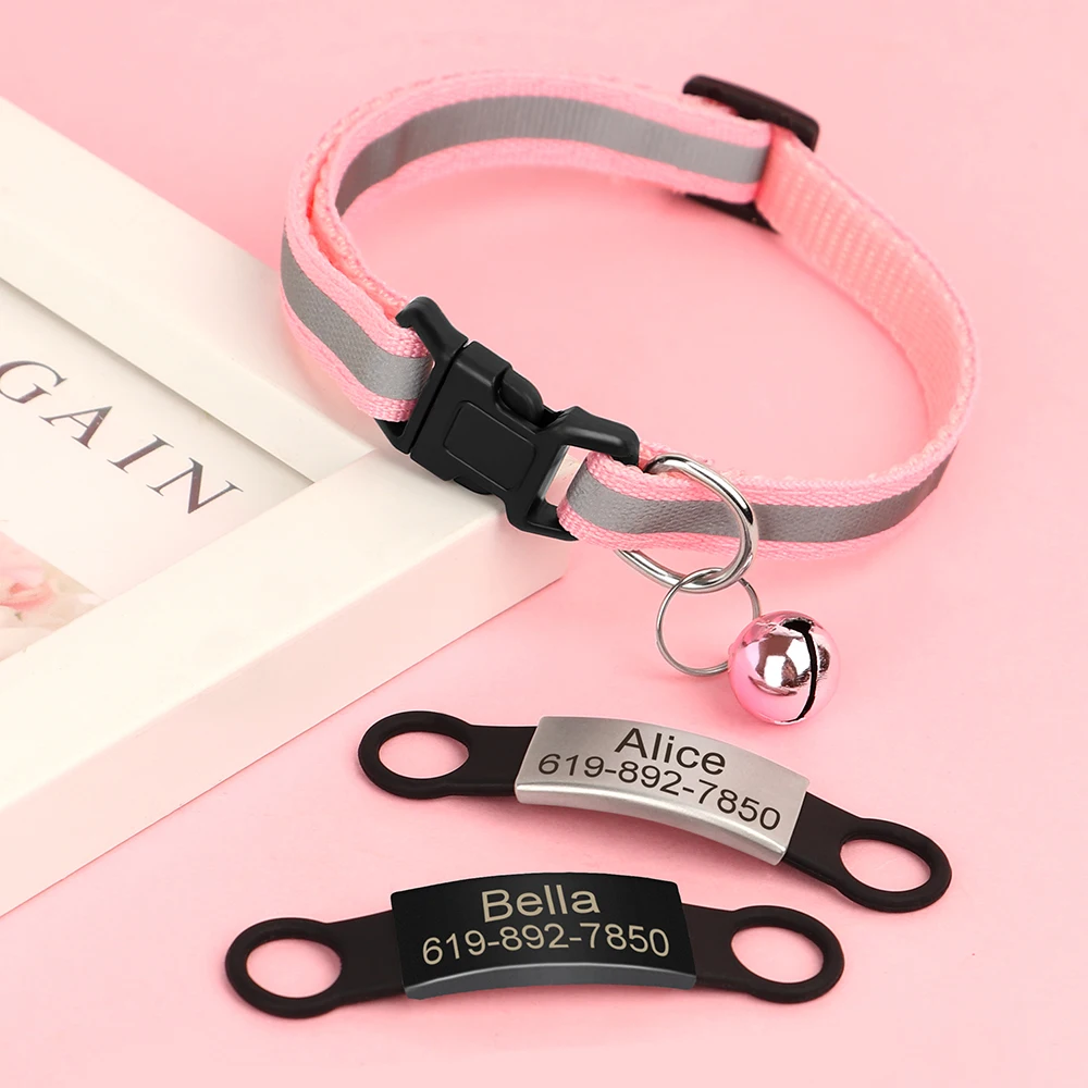 Reflective Cat Collar Engraved Safe Cats Kitten Collars with Bell Puppy Pet Necklace Accessories for Cat Small Dog Chihuahua 3