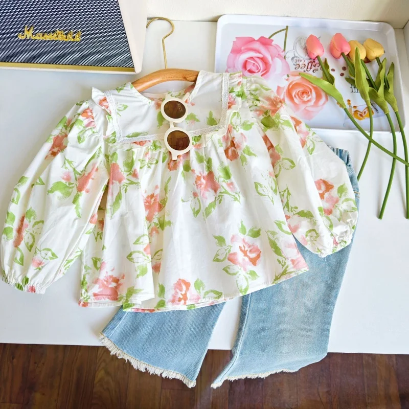 

Autumn New Girls' Suit Cute Floral Doll Shirt Denim Flared Pants Two-Piece SuitWS