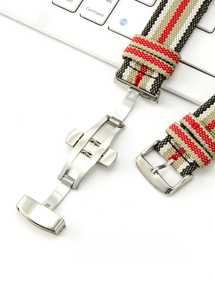 Men's Genuine Leather Cowhide Stripe Watch Strap in Nylon Canvas with Fold Buckle, 22mm