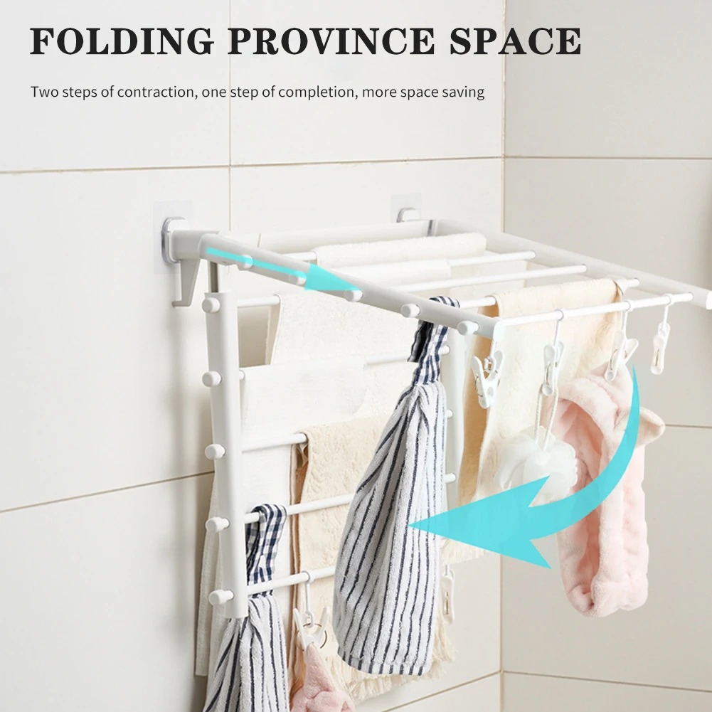 Folding Towel Rod With Sock Clip Wall Mounted Retractable Drying Racks Invisible Clothes Hanger Space Saving Non-Slip Hangers 3