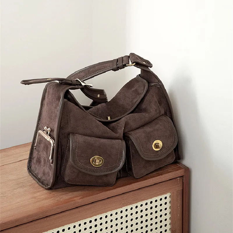 Casual Commuter Large Capacity Suede Pillow Bag Single Shoulder Crossbody Bag Vintage Style Polyester Lining Zipper Closure