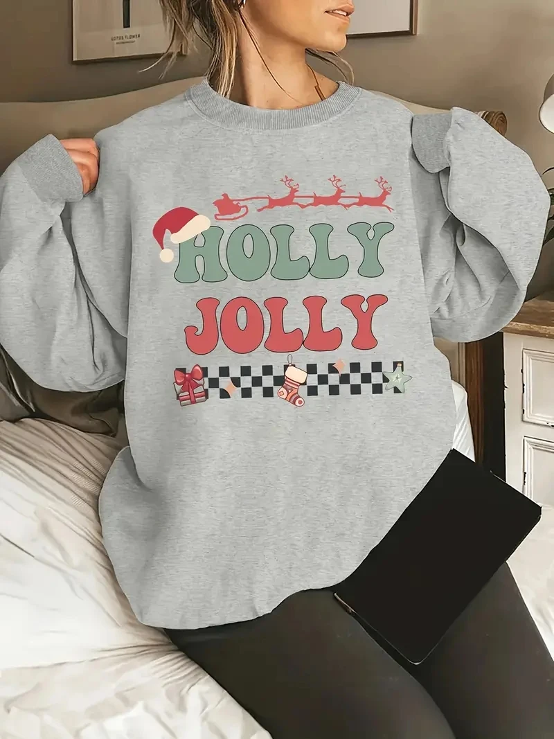 Holly Jolly Plus Size Christmas Casual Fashion Pullover Top Women's Letter & Graphic Print Long Sleeve Round Neck Sweatshirt