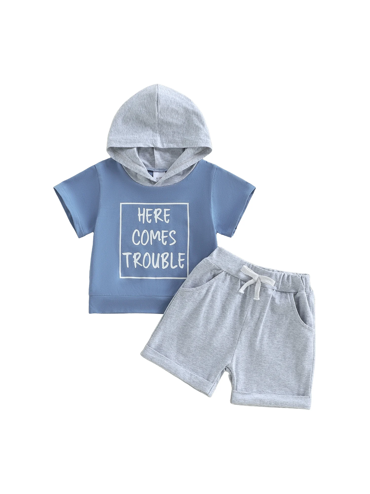 Boys 2-Piece Summer Outfit Set with Short-Sleeve Hooded Top and Printed Shorts for Toddlers Letter Print Design