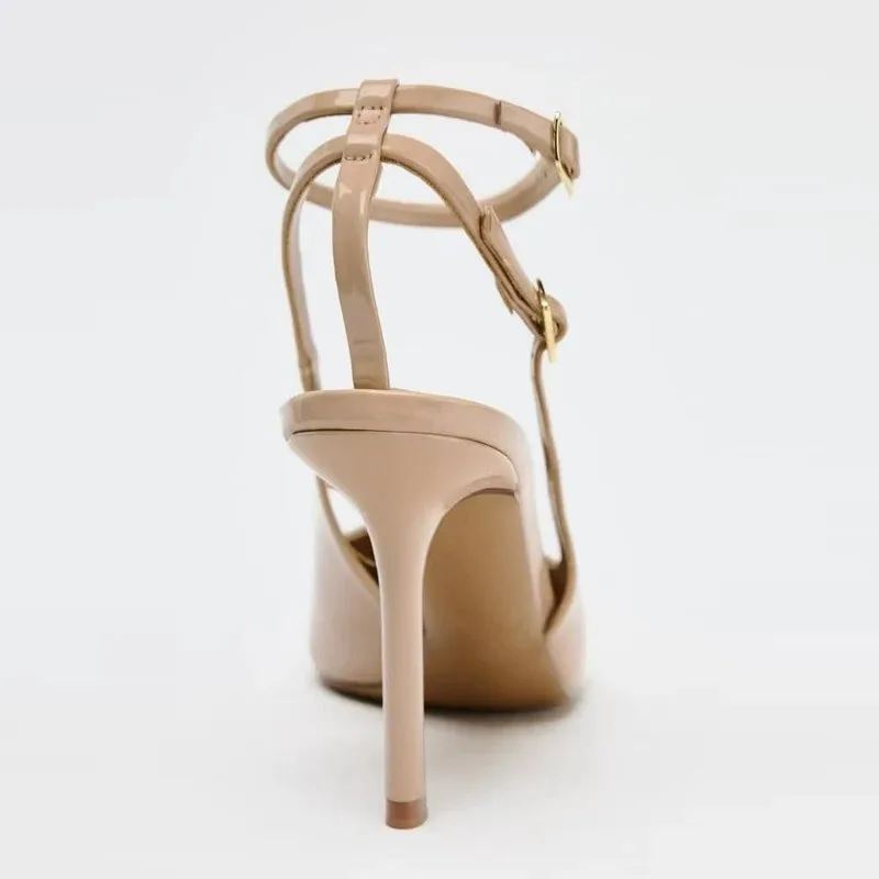 Women Sandals Women High Heels Summer Baotou Patent Leather Stiletto Sandals Women's Pointed Toe Shallow Mouth Slip Strap Non-slip High Heels