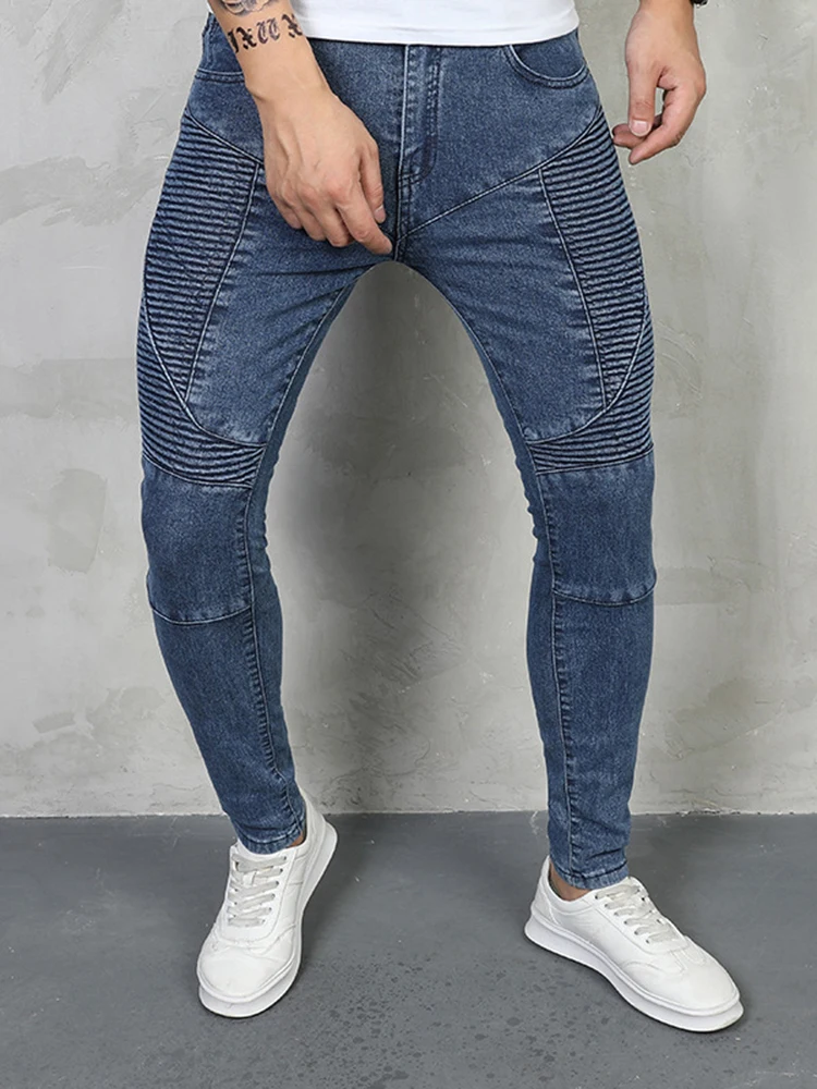 

Men's Skinny Stretch Jeans: European High Street Style Moto-Inspired Wrinkled Denim Youthful Slim Fit Men Clothing Jeans for Men