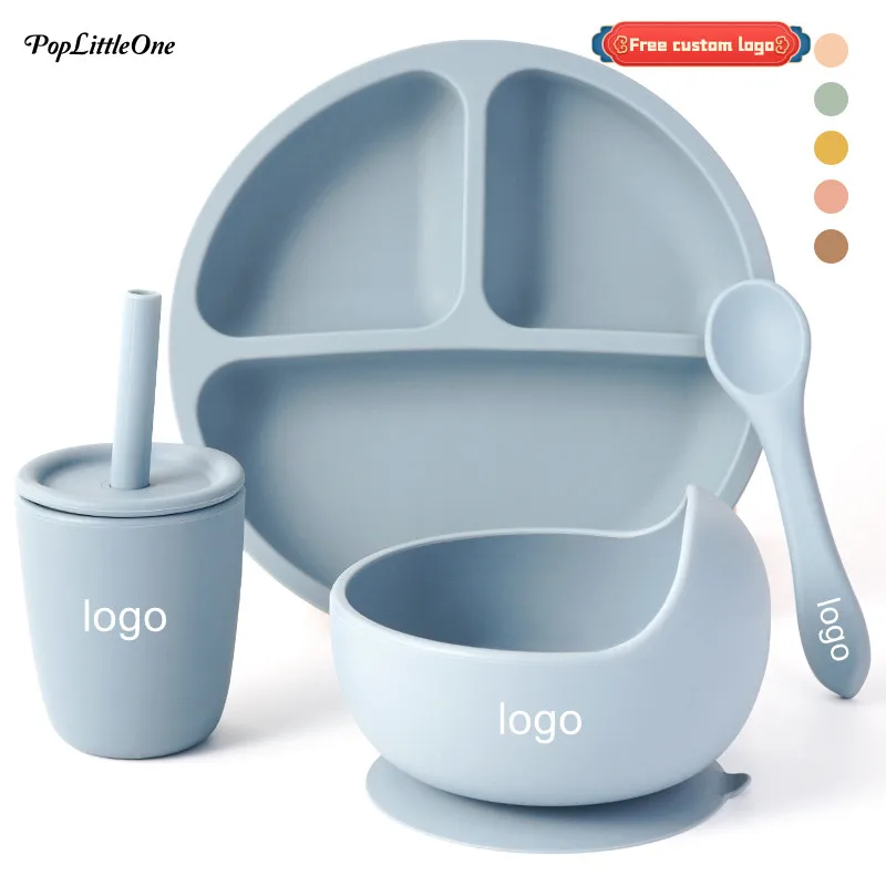 Poplittleone Customized Logo Baby Bowls Plates Spoons Sippy Cup Silicone Cookware Set Newborn  Feeding Food Children's Tableware
