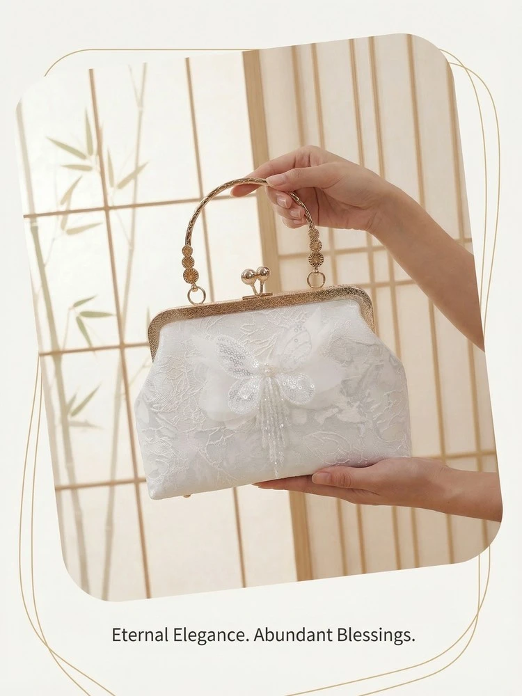 Chinese Style Butterfly Embroidery Clutch Vintage Lace Kiss Lock Handbag Elegant Evening Bag with Gold Chain for Women