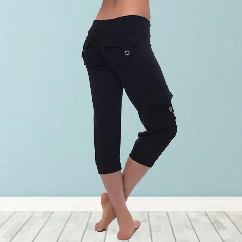 

Mid-rise Drawstring Yoga Pants Multi Pockets Solid Color Sportwear Butt Lifting Skinny Women Fitness Leggings Activewear