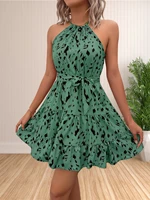 Women 2024 Summer Halter Neck Dresses Sleeveless Casual Floral Polka Dot Print Short Boho Ruffle Sundress - Image 5