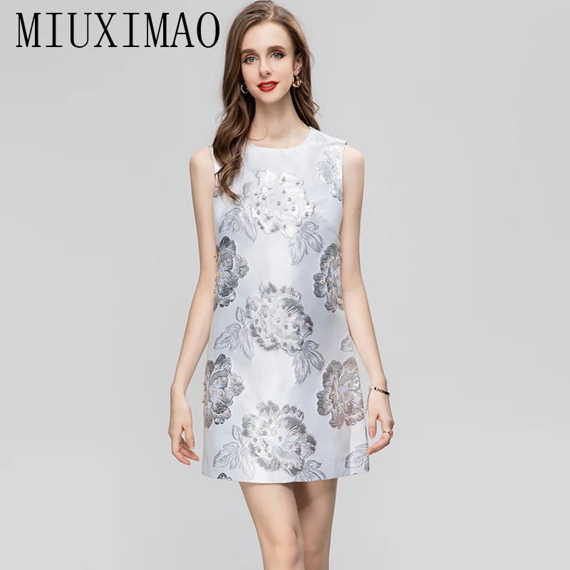 

MIUXIMAO 2023 женская одежда без рукавов жаккардовые цветы бриллианты выше колена Ретро цельное платье женское роскошное женское платье
