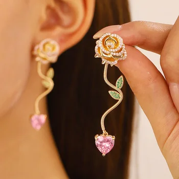 New Fashion Crystal Rose Flower Earrings For Women Jewelry 2025 Trending Luxury Camellia Pink Zircon Heart Drop Earrings Brincos