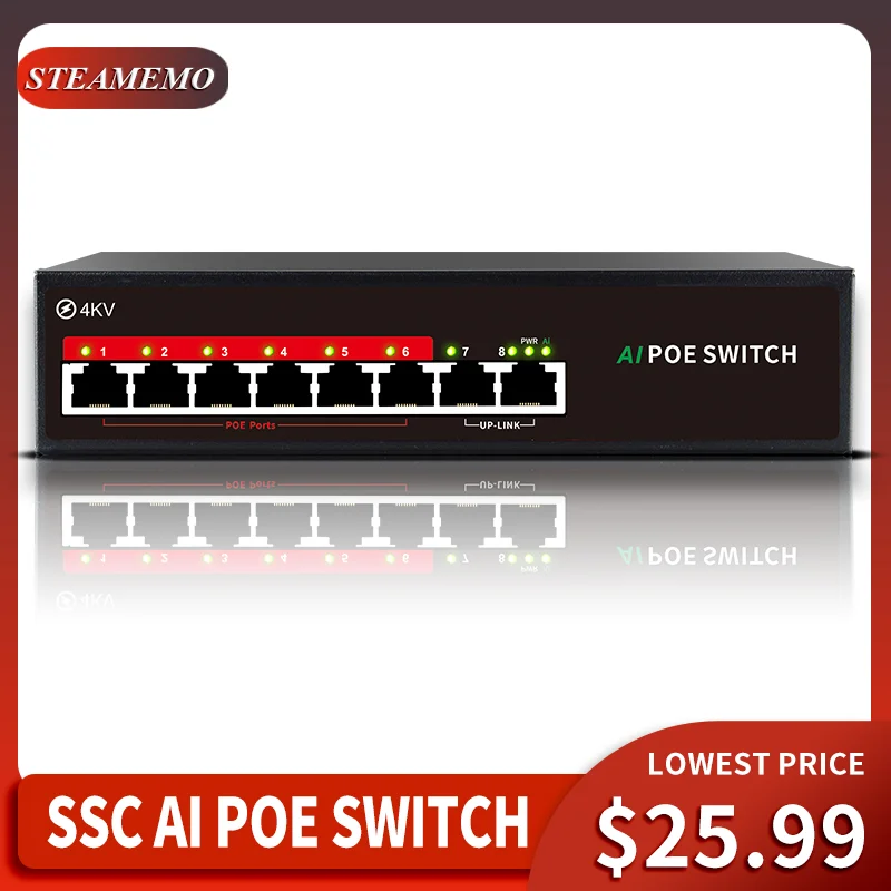 

STEAMEMO AI Smart 6 Port POE Switch 48V 10/100Mbps 100W Built-in Power Supply Ethernet Switch For IP Camera/Wireless AP