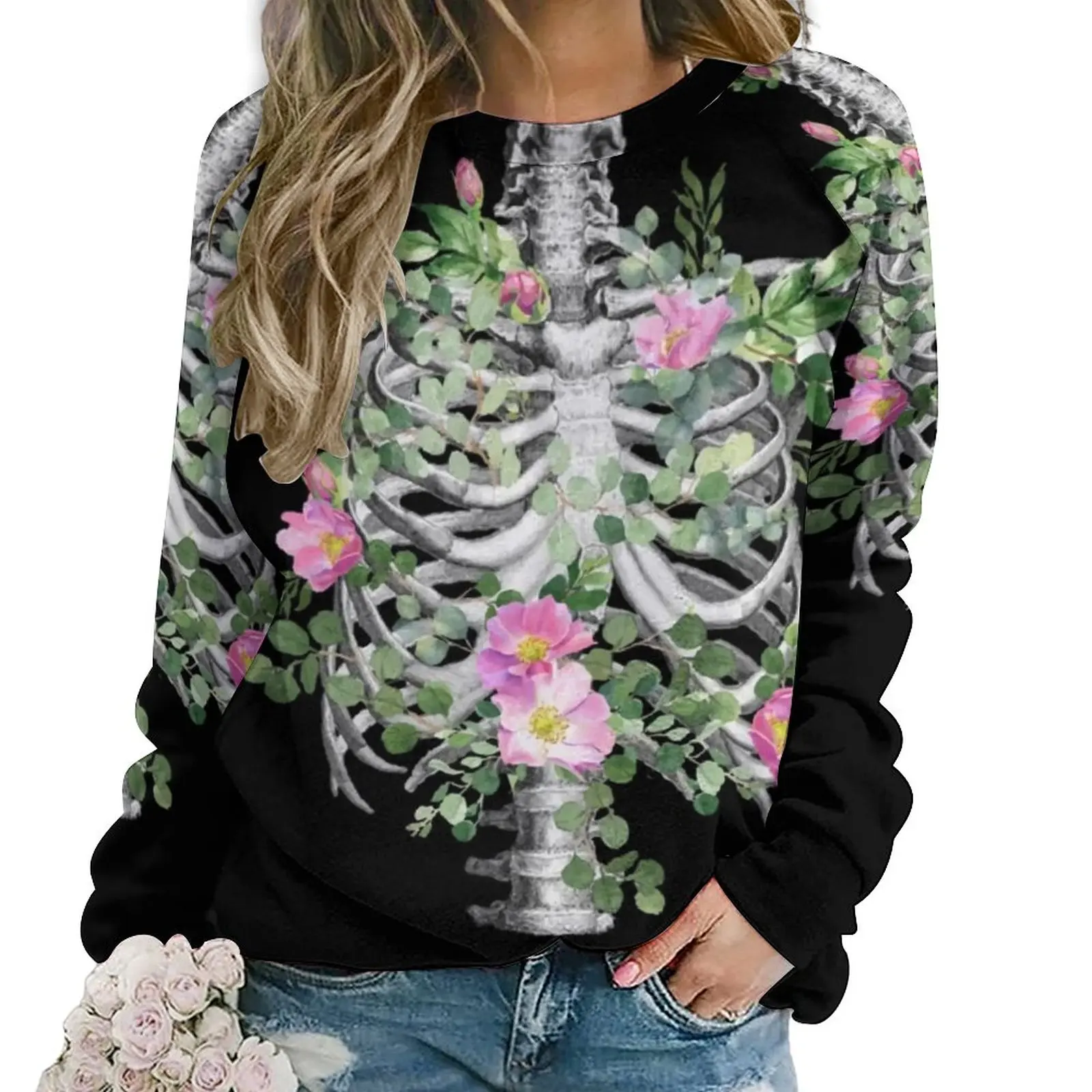 

Skeleton Pink Roses Hoodies Female Anatomy Ribcage Flowers Print Harajuku Casual Hoodie Long Sleeve Modern Custom Sweatshirts