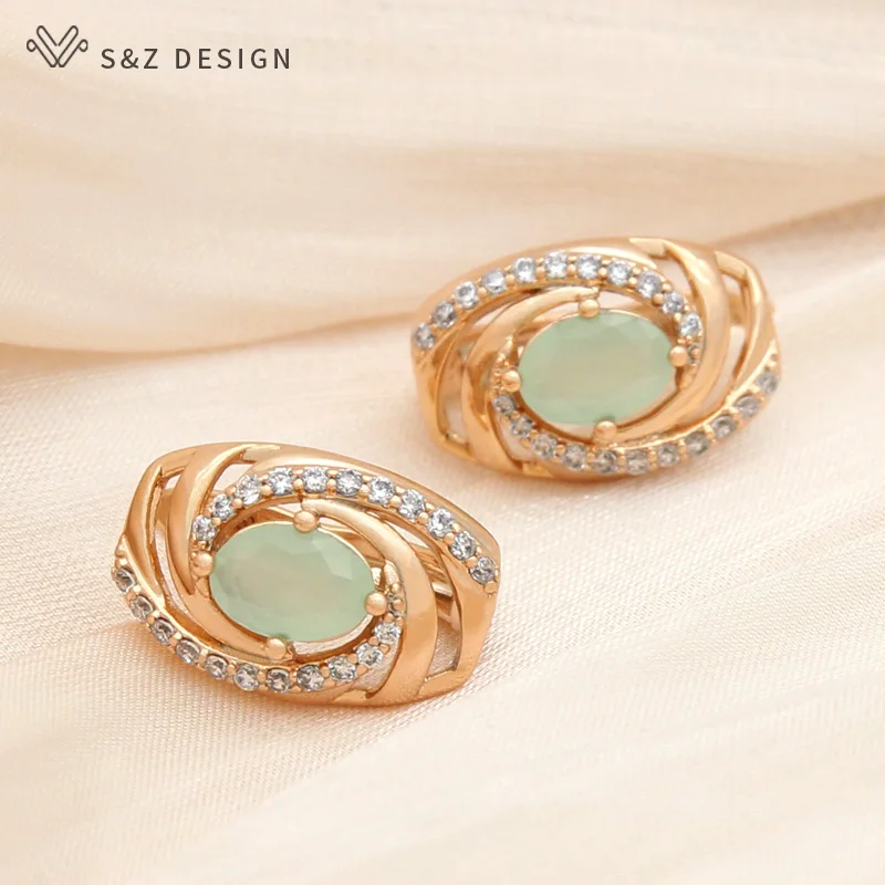 S&Z DESIGN New Fashion Symmetry Egg Shape Oval Crystal Drop Earrings For Women Elegant Champagne Gold Color Cubic Zirconia