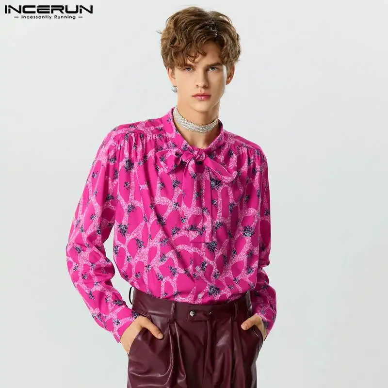 

American Style Fashion Men Rose Red Printed Ribbon Shirts Casual Party Show Hot Sale Long Sleeved Blouse S-5XL INCERUN Tops 2023
