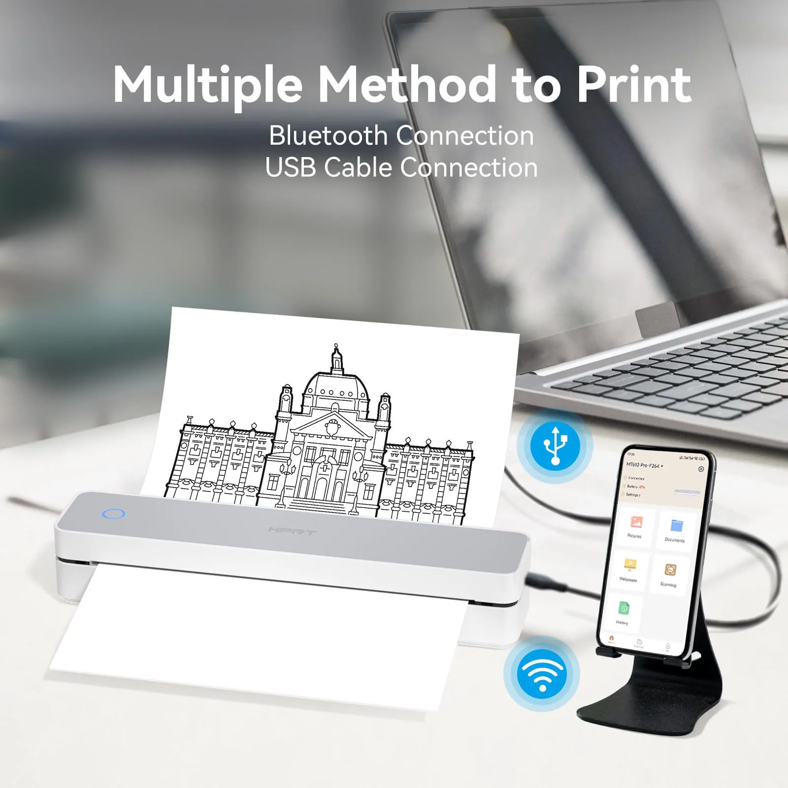 HPRT MT610-Pro 300DPI 감열식 프린터 모바일 무선 인쇄 US Letter 및 A4 및 A5 사이즈, 휴대폰 및 PC와 호환, 사무실 및 학교용
