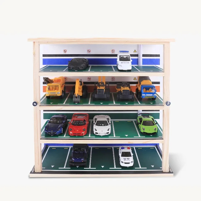 1:32 Scale Car Parking Lot Model Dustproof Storage Display Cabinet Box With Light Solid Wood Parking Room Garage Scene Toy Model 2