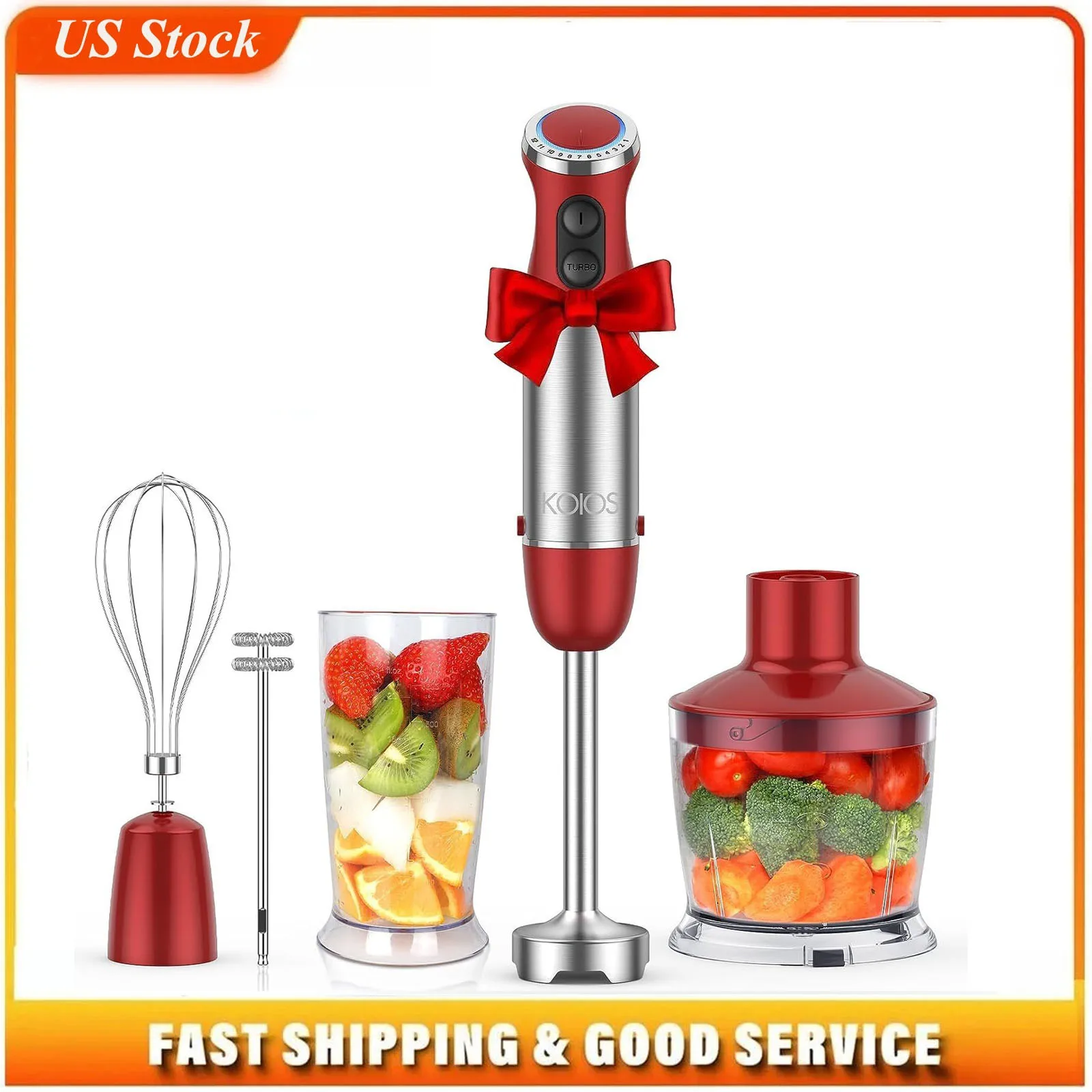 5-in-1 Hand Immersion Blender, 1000W 12 Speed Handheld Blender, Copper Motor Stainless Steel Blade Stick Blender,600ml Mixing Beaker,500ml Food Processor, Whisk, Milk Frother, BPA-Free, Red 1