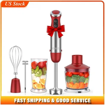 5-in-1 Hand Immersion Blender, 1000W 12 Speed Handheld Blender, Copper Motor Stainless Steel Blade Stick Blender,600ml Mixing Beaker,500ml Food Processor, Whisk, Milk Frother, BPA-Free, Red 1