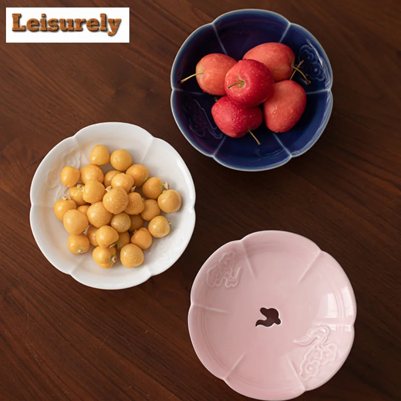 Chinese Auspicious Clouds Drainage Fruit Dishes Vintage Pastry Plate Cake Display Stand Candy Bar Serving Tray Teaset Decoration