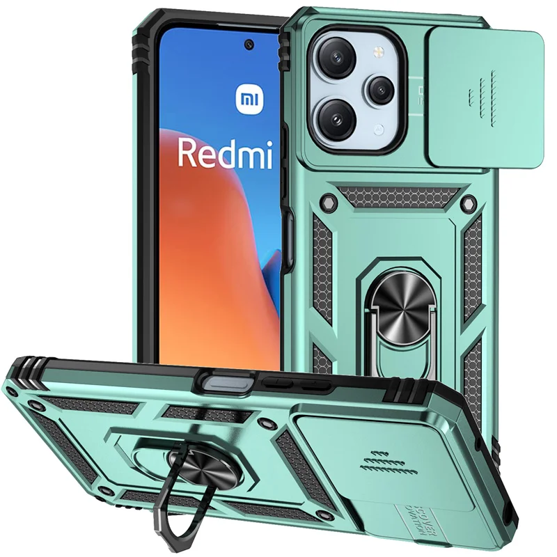 Enhanced Shockproof Armor Phone Case with Ring Holder and Slide Lens Protector for Xiaomi Redmi 12 4G (2023)