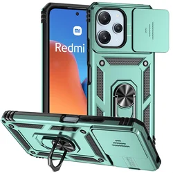 Housse de téléphone en armor améliorée et antichoc avec support à anneau et protège-lentille coulissant pour Xiaomi Redmi 12 4G (2023)