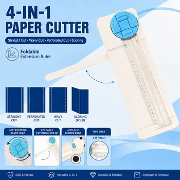 Taglierina per Carta 4-in-1 con Rotazione a 360° ° Lama Rotante, Righello Pieghevole per Tagli Dritti, Ondulati, Perforati, Scanalature, Fai-da-Te, Artigianato, Ufficio