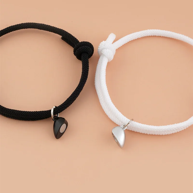 Fashion Black and White Heart Braided Rope Couple Bracelet Magnetic Attraction Shape Adjustable Bracelet Friendship Jewelry metal bracelet