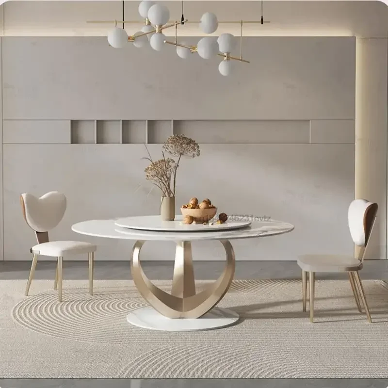 

GY13 Light Luxury Kitchen Table Sets With Turntable Stainless Steel Round Rock Slate Dining Table Mesas Dining Room Furniture