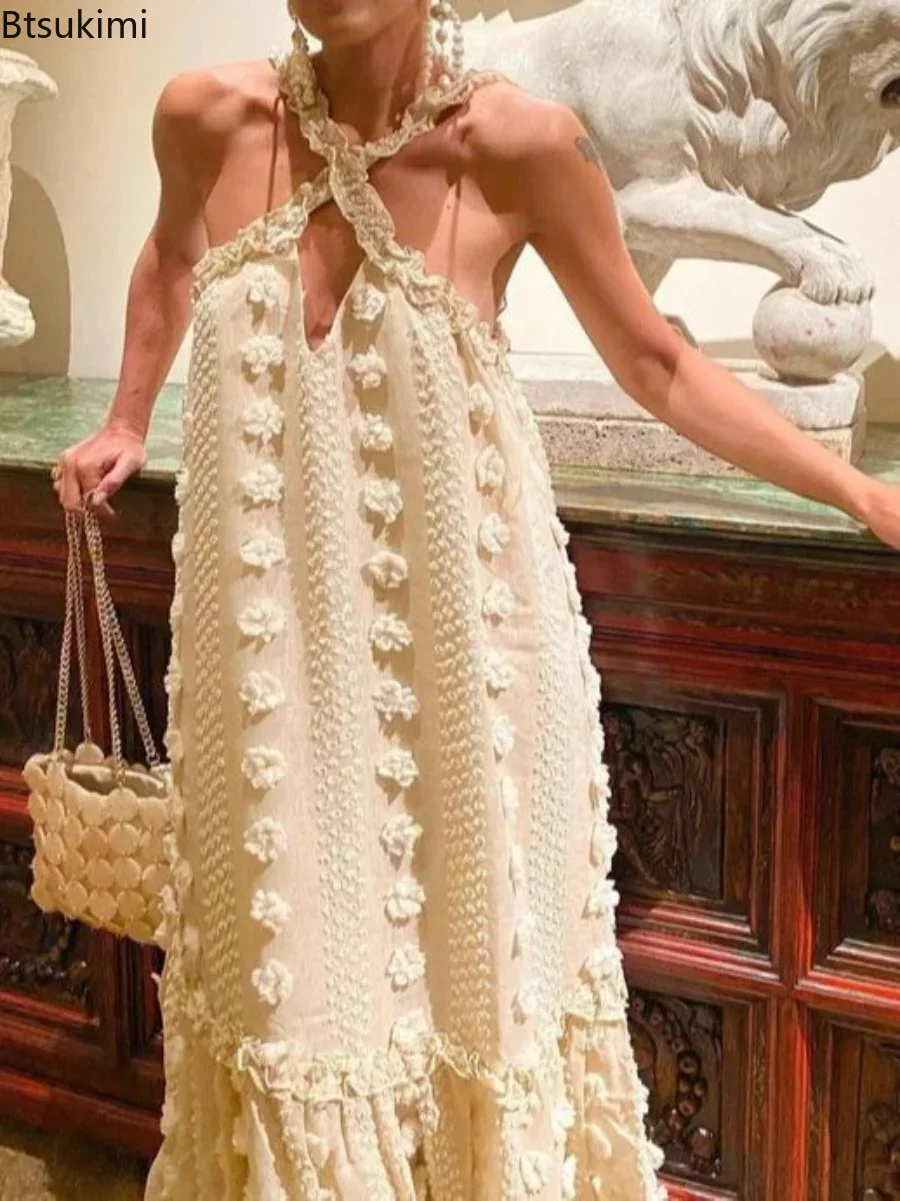 

2024 Summer Halter Beach Outfits For Women Sundress Sleeveless Elegant Bohemian Chic Long Dress Female Robe Party Holiday Dress