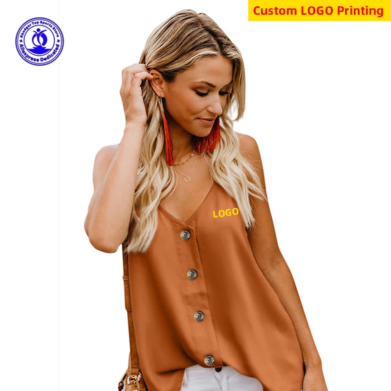 Custom LOGO Women Sleeveless Shirt Cardigan Blouses 2022 Summer Solid V-Neck Office Tops Female Work Women Button Up Clothing