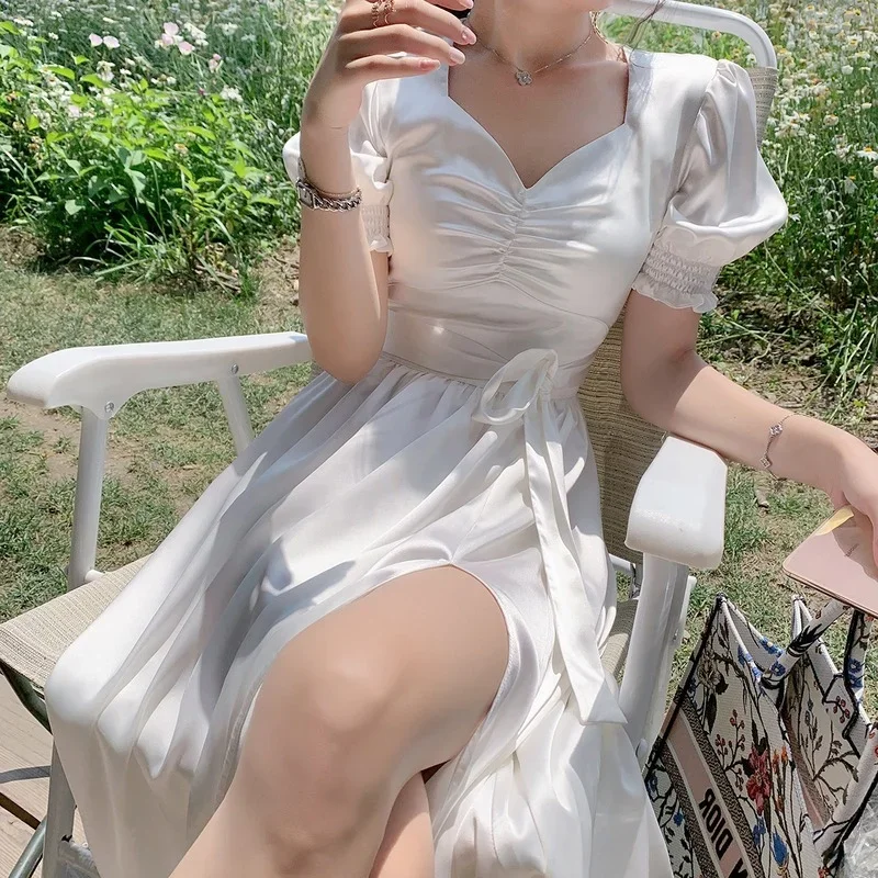 

Women Summer Sexy White Puff Sleeve Slim White Dress New Fairy Satin V-neck Side Slit Elegant Sweet Long Cottagecore Dresses