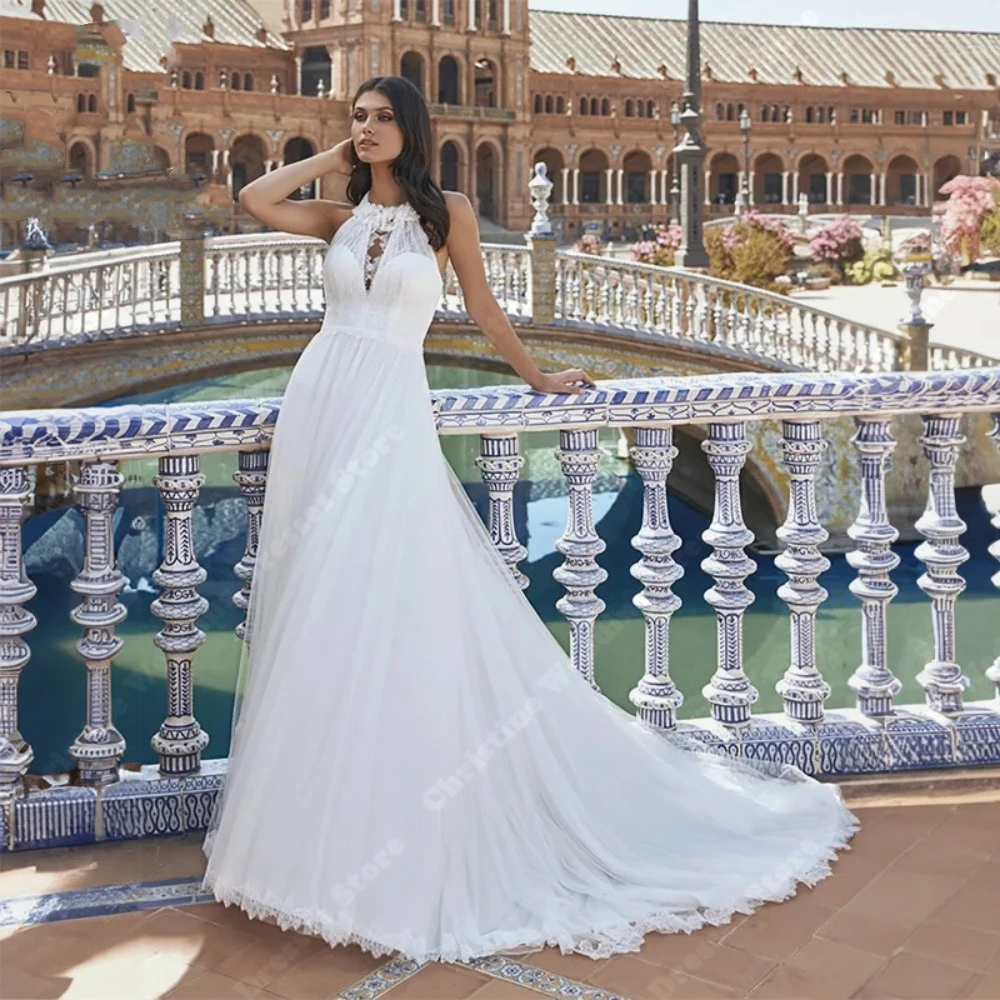 

Vintage Sleeveless Wedding Dresses Bright Colored Sheer Tulle Surface A-Line Bridal Gowns Lace Appliques Robes Vestidos De Novia