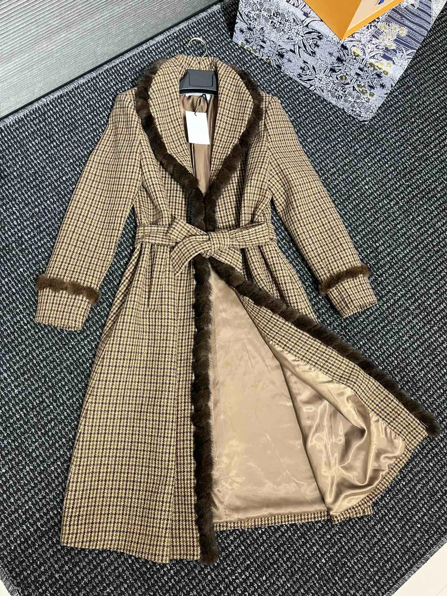 

Vintage Plaid Double-sided Pure Cashmere Women's Coat Mink Fleece Edge Lace-up Super Long Coat Luxury Brand Wool Bathrobe Coat