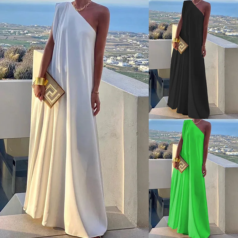

Wepbel Y2K Fashion One-Shoulder Party Dress Women Sleeveless Solid Color Long Maxi Dress Loose Full Length Evening Long Dress
