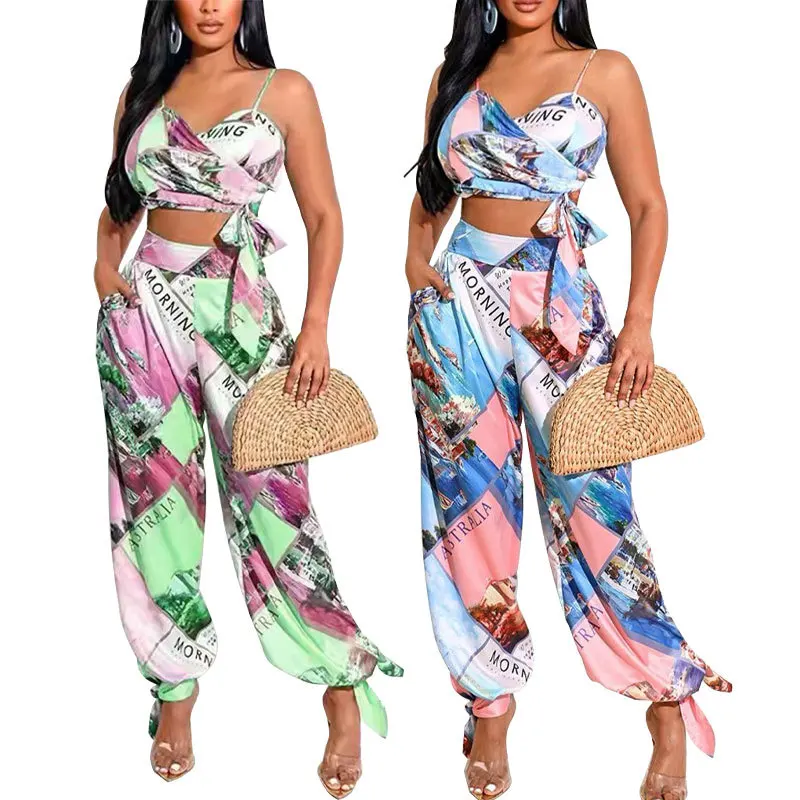 2024 Women  Sleeveless Fashion Casual Sexy Suspender Printed Tops Sexys Two Piece Set Traf Pant Sets Trousers