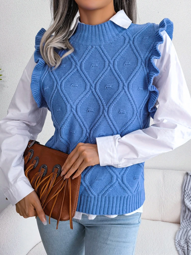 

Argyle Sweater Vest Women Autumn Winter Sleeveless Ruffles Knit Vest Pullover Female Fashion Casual Round Neck Tank Knitwear