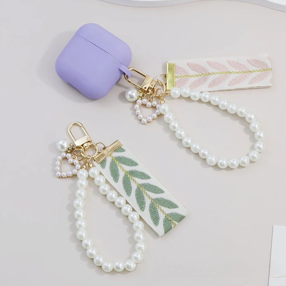 Elegant Leaf Pattern Wristlet Strap Keychain Imitation Pearls Beaded Link Chains Keyrings Bag Ornament Car Trinket Accessories