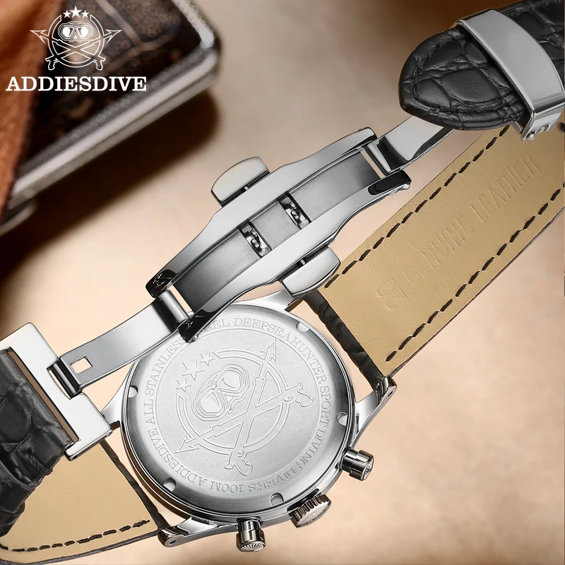 ADDIESDIVE Business Men's Quartz Watch VK64 Multifunctional 24 Hour Chronograph Watches 100m Dive Bubble Mirror Glass Wristwatch