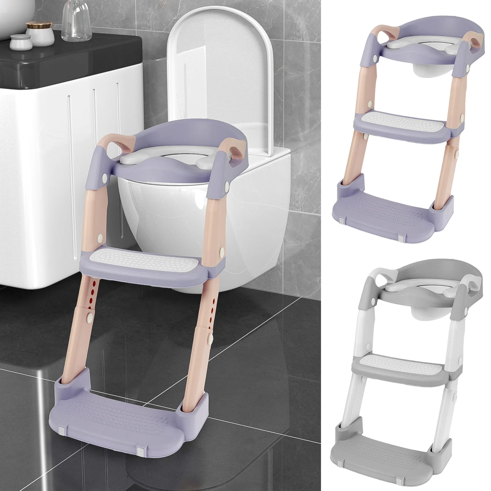 Description Picture 2 of itemChildren's Toilet Seat Stairway Adjustable Baby Toilet Folding Stand Step Stool Toilet Seat Ring with Nonslip Pad for Boys Girls