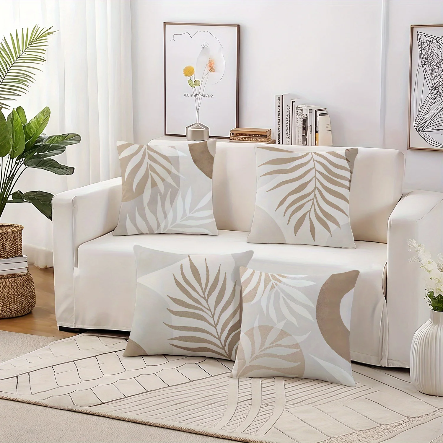 1/4pcs Beige Palm Leaf Patterned Pillowcases Sofa cushion cover home bedroom room decoration 3