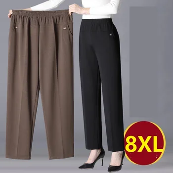 Pantaloni lunghi da donna primavera autunno 2025New Pantaloni elastici a vita alta casual per mamma media e vecchia Pantaloni dritti caldi in peluche invernale 8XL 1