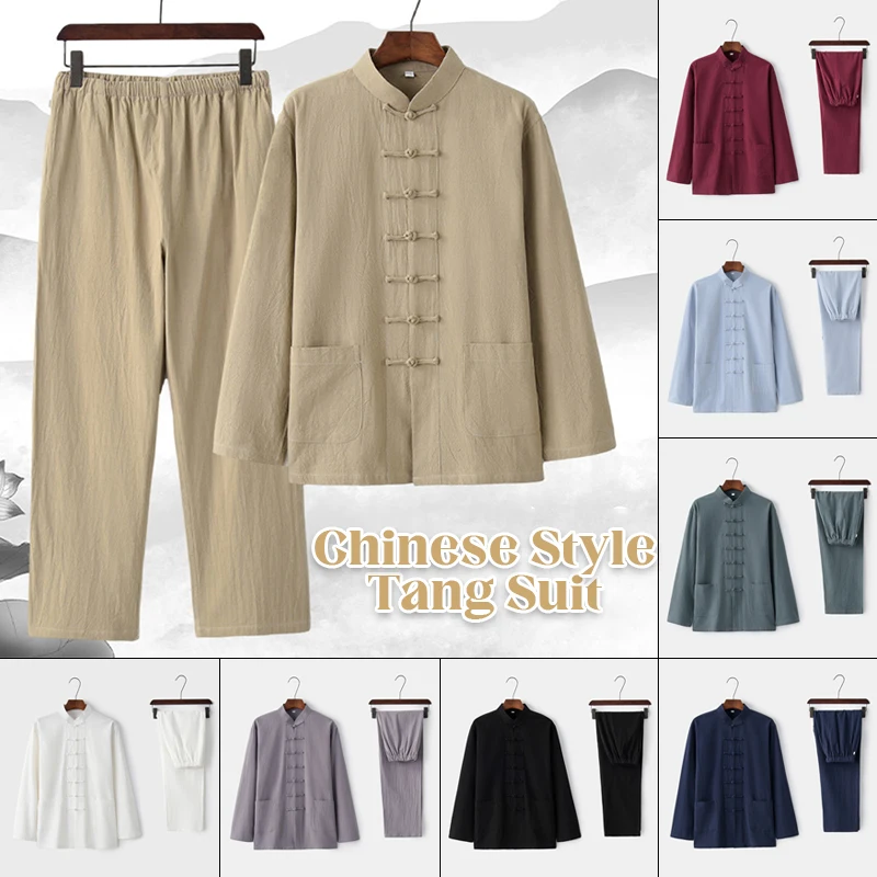 Chinese Traditional Tang Clothing Men Linen Solid Kung Fu Suit Wing Chun Garment Mandarin Collar Long Sleeved Shirt Pants